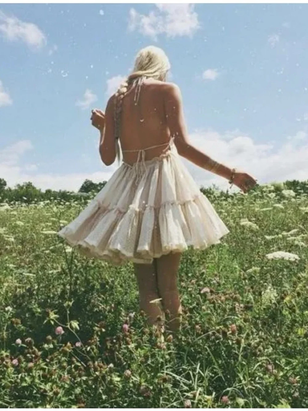 Plunging V-Neck Cream Mini Dress with Tiered Skirt